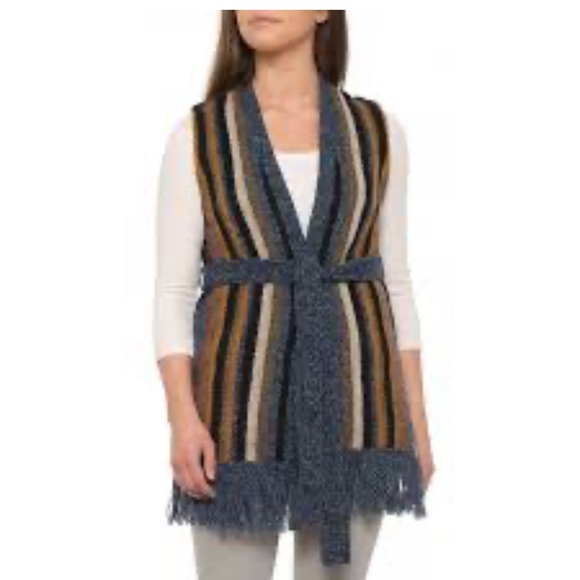 Woolrich shetland Wool Stripped Waist Cardigan Vest Multicolor Fringe Large - Picture 1 of 11